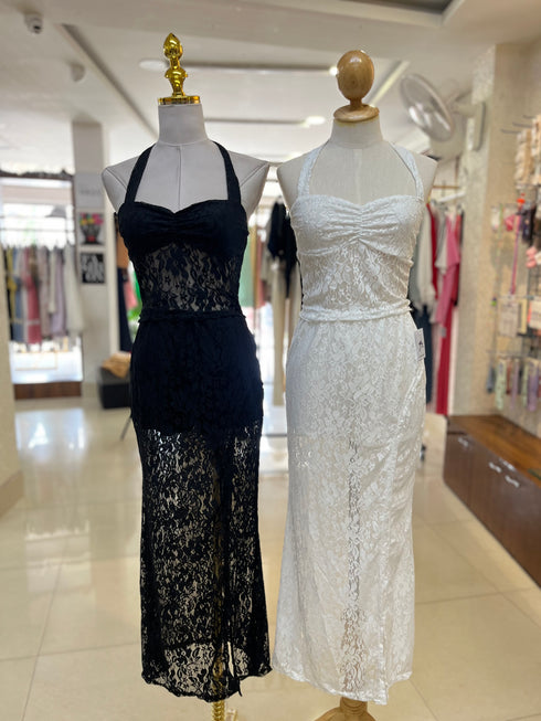 Women Halter Neck Lacey Top With Side Slit Skort